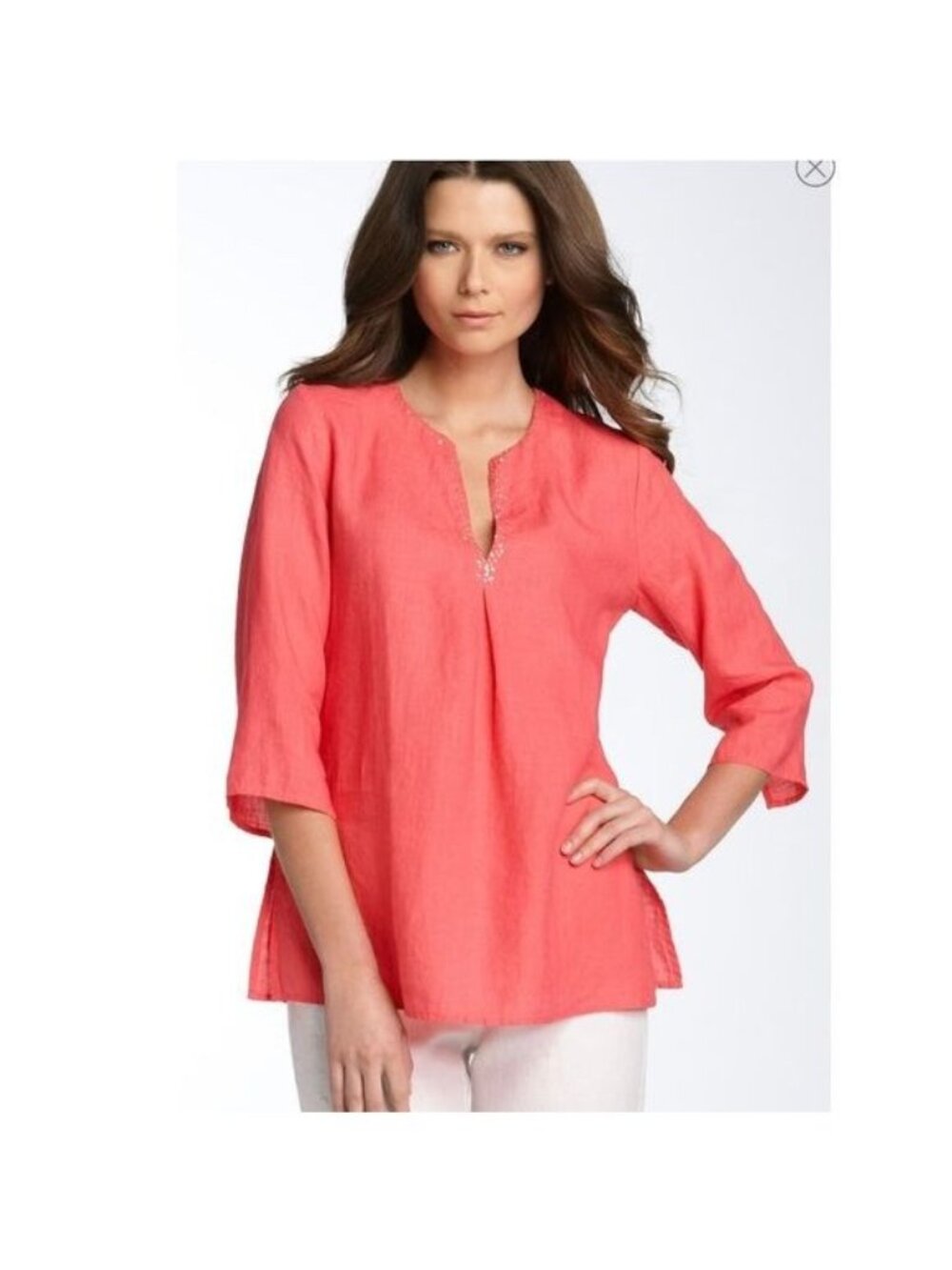 EILEEN‎ FISHER  Women's Coral Pink 100% Irish Linen Sequin V-Neck Boho Tunic Top